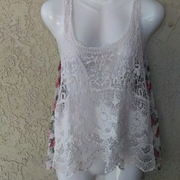 Mauve Tops - Mauve crochet front floral chiffon keyhole tank